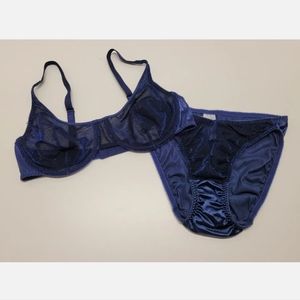 Vintage 1990s Vassarette Sprakle Deep Blue Lingerie Set - Sheer Bra and Panties